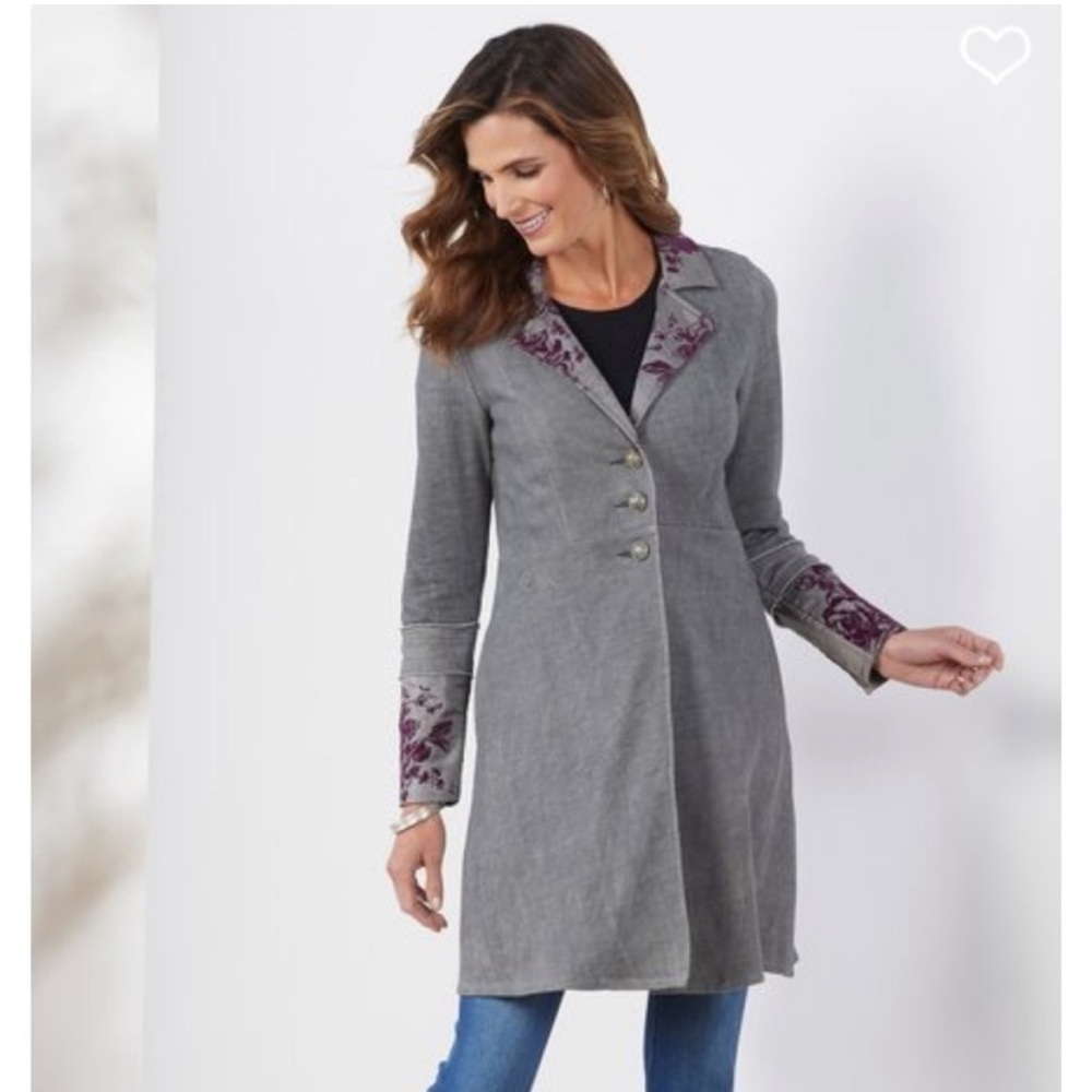 Soft Surroundings Grandeur Gray with Purple Floral Embroidery Long Jacket XL